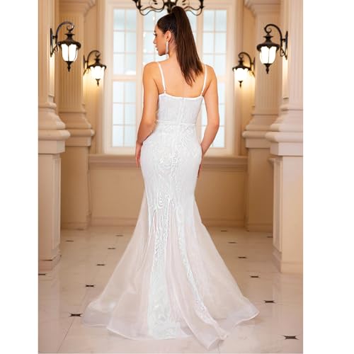 Image of Spaghetti Sequin Formal Dress Tulle Mermaid Floor Length Evening Night Party Gown