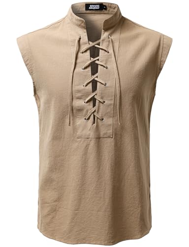 JOGAL Mens Renaissance Shirt Pirate Medieval Sleeveless Halloween Costume Steampunk Viking Lace-up Stand Collar Shirts Lightbrown X-Large