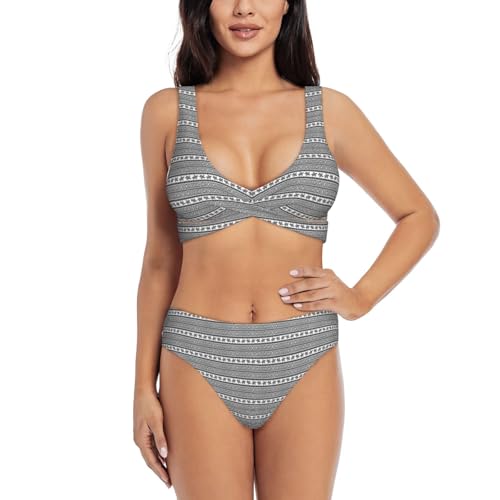 ZTPOWQA Conjunto de bikini de dos piezas con estampado de tortuga étnica y rayas para mujer, cómodo traje de baño para playa, piscina, fiesta de resort, Negro, XL