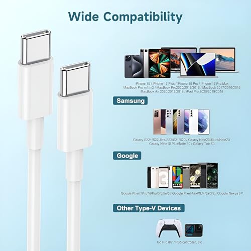 Image of 60W Fast Charger Cable for Iphone 15 /15 Plus /15 Pro Max, MacBook, Samsung S24 ultra /S24 Plus /S23 Ultra /S22 /S23 Fe 5G,S21 fe, Nothing phone 2a /2 /2a Plus, Galaxy Tab /Pad, USB C 60 w Charging Cord, White