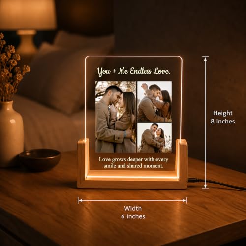 Image of Giftplease Personalized LED Acrylic Photo Frame with Custom Photos & Text | Engraved Acrylic Picture Lamp with Wooden LED Base | USB Night Light | Anniversary, Wedding, Birthday, Couple, Family, Decor