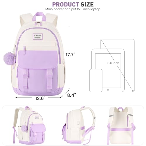 Image of WINDARS School Backpack for Teen Girls, Cute College Backpacks for Women Students Aesthetic Bookbag Large 15.6 Inch Laptop Bag Middle School Travel Back Pack (Purple Beige)