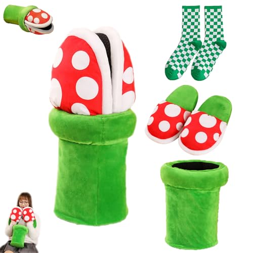 Jfxgjuv Piranha Plant Slippers Mushroom Slippers with Holder Cannibal Flower Home Wear Slippers Winter Plush House Slipper Funny Shoes for Women Men Teens