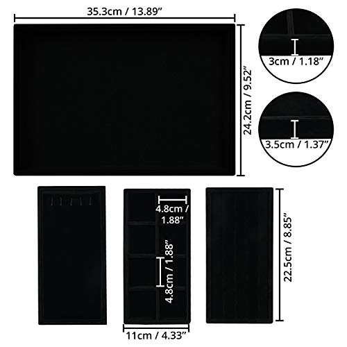 Belle Vous 4 Pack of Black Velvet Stackable Jewellery Organiser Storage Trays - 35.3 x 24.2cm/13.89 x 9.52 inches - Drawer Display Boxes - Removable Sections for Necklaces, Rings, Bracelets & Earrings