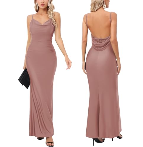Capuffy Women Drape Neck Formal Maxi Dresses Lace Backless Cocktail Party Dress Spaghetti Straps Mermaid Evening Gown 221(Brown S)