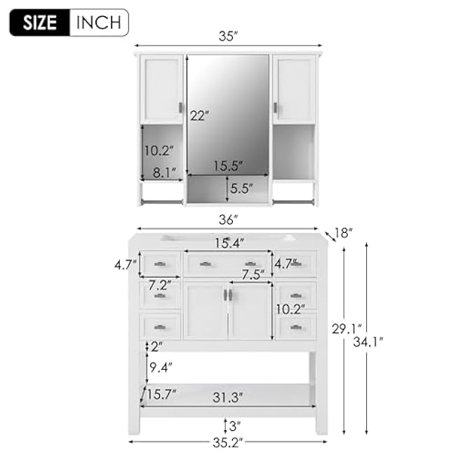36'' Modern Single Sink Bathroom Vanity Set - Includes Top Sink, Mirror Cabinet with Towel Bar, and Storage Cabinet with 2 Soft - Closing Doors & 6 Drawers