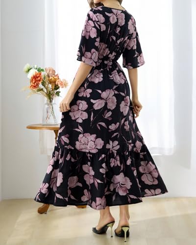 Image of Women's Summer Short Sleeve Maxi Floral Flowy Dresses with Pockets