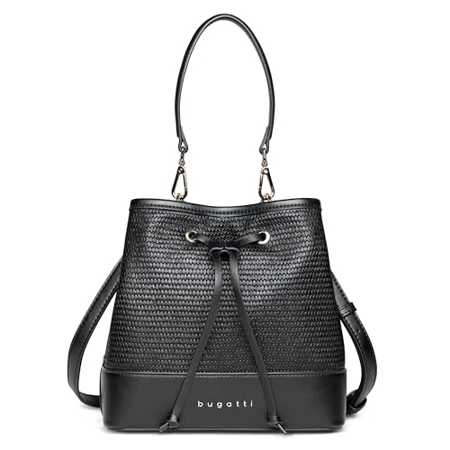bugatti Isa bolso saco para mujer, bolso femenino con efecto rafia de piel sintética, negro