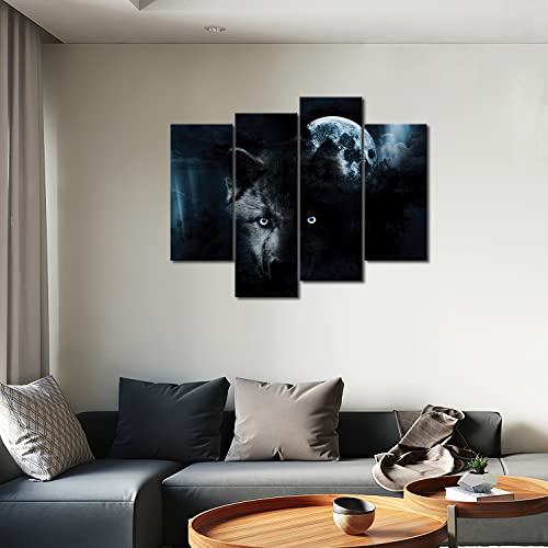 4 Panel Wall Art Black Wolf And Full Moon Painting The Picture Print On Canvas Animal Pictures For Home Decor Decoration Gift Piece (Stretched By Wooden Frame,Ready To Hang) #TOP4