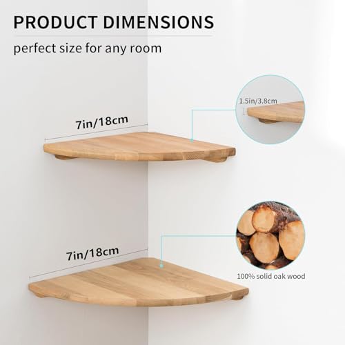 Corner Shelves Wall Mount, 7inch Oak Wood Floating Corner Shelves Set of 2 Round End Small Plant Shelf Wall Mount for Kitchen, Living Room, Bedroom