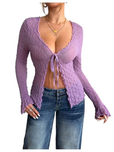 Image of Milumia Women's Y2K Textured Mesh Cardigan Shrug Tie Front Tops | Lettuce Trim , Long Sleeve, Open Front, Sheer, Flared, Club Party, Going Out, Rave, Cover Ups