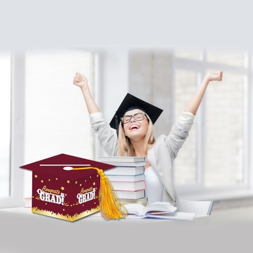 Image of 2026 Graduation Party Card Box, Maroon Gold Congrats Cap Card Holder Box with Tassel for 2026 Graduation Party Decorations