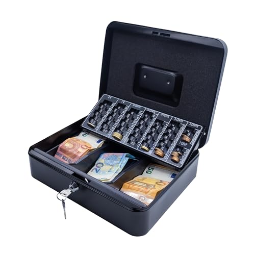 iggual Caja de Efectivo con 2 Llaves para Contar y Transportar Dinero, Caja de caudales portátil con Bandeja Organizador de Monedas y Billetes, Negro