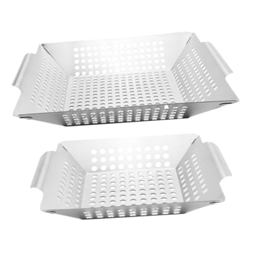 2 cestas de parrilla de barbacoa, parrillas portátiles para cocinar al aire libre, cesta de parrilla de verduras para parrilla de campamento 430 plata