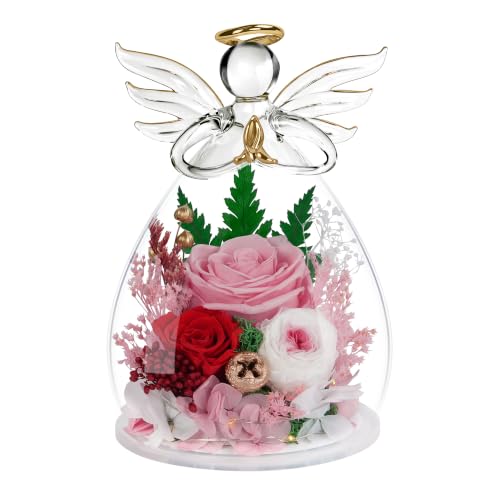 Image of encavy Birthday Gifts for Women,Fresh Flowers for Delivery,Preserved Rose Flowers in Angel Figurines,Light Up Pink Angel Real Rainbow Roses for Mom Grandma Wife Her Girlfriend Anniversary