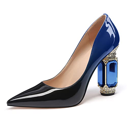 Image of JANSEVEN Women Chunky Heels Pumps Crystal Block Heels with Rhinestones Pointed Toe Sexy Gradient Patent Leather Slip on Bridal Party Wedding Dress Shoes 5-13 M US