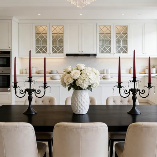 Image of Metal 3 Arm Candelabra with Crystal Pendants - 11.8 Inch Tall Candle Holders, Set of 6 - Elegant Taper Candlestick Stand for Wedding, Dining Table, Christmas Party Home Decoration (Black)