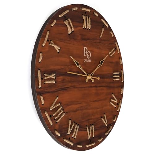 Image of Wooden Round Shape Roman Dial Wall Clock with Golden Hands & Golden Jute Rope Detailing | Silent Quartz Movement Anti Reflection Analog Vintage Clock for Office & Home (Brown, 15.5 Inch)
