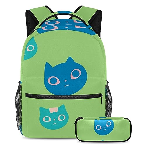Sac à dos mignon chat bleu avec trousse, cartable scolaire pour fille et garçon adolescent
