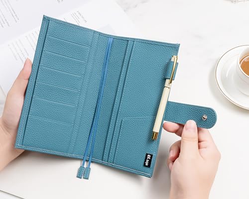 Image of Genuine Leather Planner Cover for Hobonichi Weeks /Weeks Mega with Pen Loop, Card Slots, Back Pocket, and Bookmarks (Dark Blue)