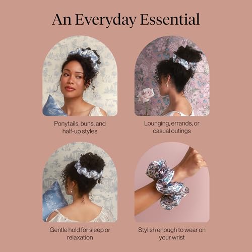 Image of Bridgerton x Kitsch Satin Scrunchies for Women, No Snag, No Tugging, Soft & Comfortable Scrunchies for Girls, Perfect for Day or Night | Ideal Gifts for Women - Toile De Blue, 2pcs