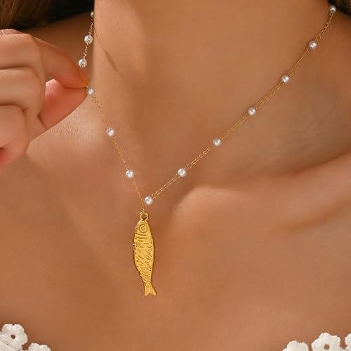Gold Fish Pendant Necklace for Women, 18K Gold Plated with Pearl Bead Chain, Adjustable 16-18 Inch, Waterproof Ocean Beach Jewelry Gift for Her2