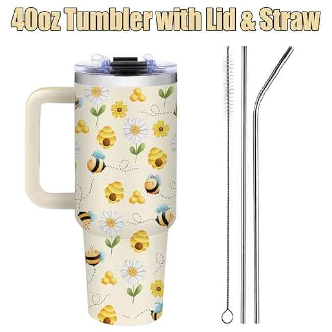 Bees Tumbler with Handle - 40oz Stainless Steel Travel Mug Insulated Coffee Cup, Bee Gifts for Women, Bees Gifts for Bee Lovers Woman Birthday (with Lid and Straw)