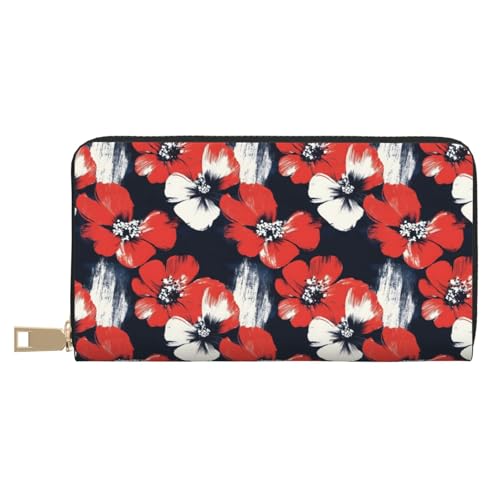 Leather Thin Slim Wallets for Women & Men - Red Flower Art Print Card Wallet Holder with Zipper