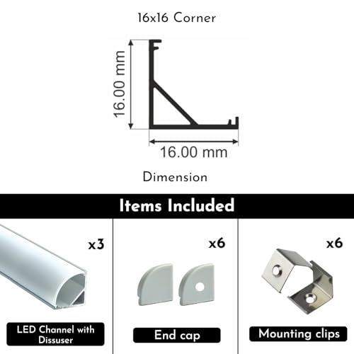 Image of Aluminium Round Led 1Meter Profile Corner With Diffused Cover, End Caps And Mounting Clips Without Led Straight Linear (16X16Mm) - Pack Of 3, Silver