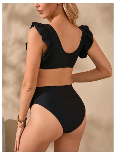 MakeMeChic Women's Maternity Swimsuit Two Piece Bikini Sets Ruffle Sleeve High Waisted Pregnancy Swimwear2