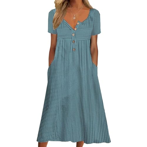 Image of Women's Casual V Neck Midi Tshirt Dress Boho 2025 Summer Short Sleeve Beach Dresses with Pockets