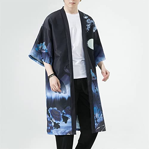 Image of Seidarise Men's Haori, Long Kimono Cardigan Jacket Japanese Style Flying Crane Seven Sleeves Open Front Coat