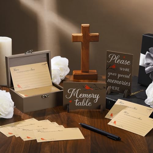Image of Gilprop 112 Pcs Celebration of Life Memory Cards Set Share a Memory Cards with Box 2 Wood Sign with 4 Hold and 5 Pens, Sympathy Memorial Gifts Funeral Keepsake Decorations(Cardinal)