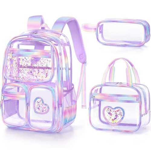 Image of Fimibuke Clear Backpack for Girls, 3PCS Heavy Duty PVC Transparent Kids Backpack for Teen Girls, School, Concert, Stadium Events Approved See Through School Girl Bookbag with Lunch Box & Pencil Case