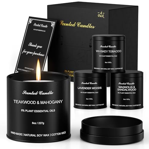Men's Scented Candles Gift Set - 4 Pack Soy Wax Aromatherapy Candles for Home - Luxury Masculine Scents: Whiskey, Teakwood, Magnolia, Lavender Woods - Relaxing Gifts for Men, Dad, Husband