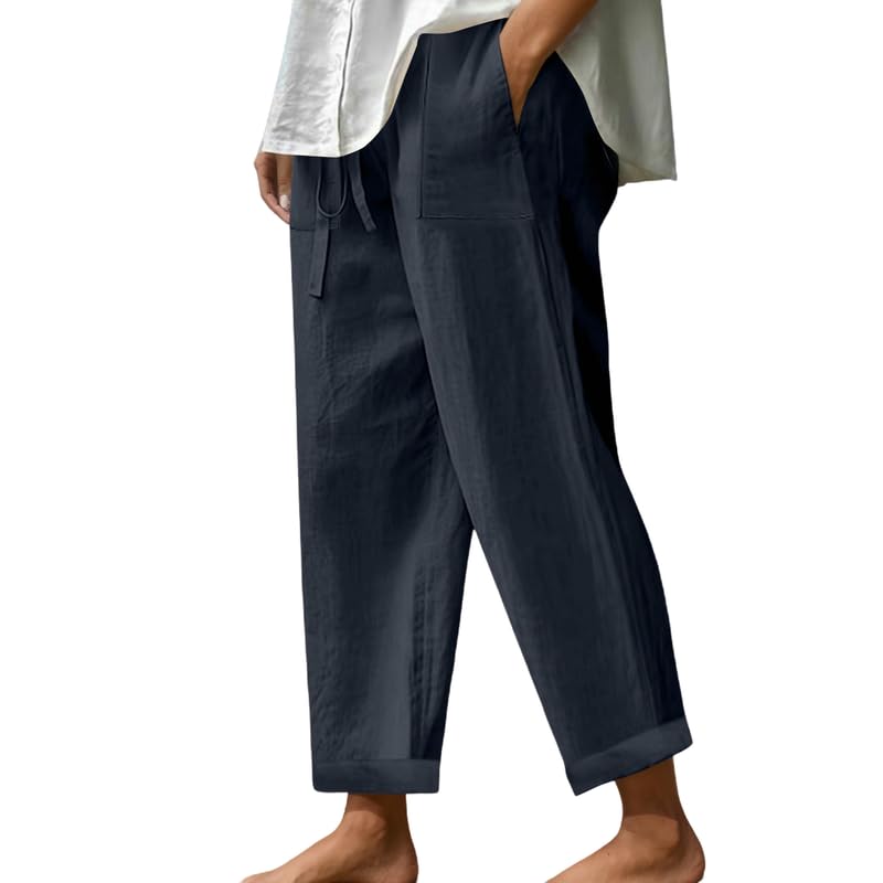 Womens Cotton Linen Wide Leg Long Pants Elastic High Waist Drawstring Lounge Pants Casual Summer Trousers with Pockets