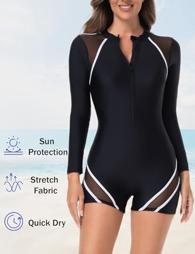 FEOYA Women’s One Piece Boyleg Bottom Surfing Swimsuit Long Sleeve Rash Guard UPF 50+ Bathing Suit Swimwear 20253