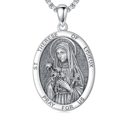 Seiyang Saint Therese of Lisieux Necklace for Men Women 925 Sterling Silver Oval St Therese of Lisieux Medallion Pendant Protection Jewelry Religious Gifts