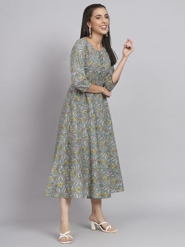 Image of Rapsodia Womens Cotton Green & Brown Floral Printed Flared Kurta