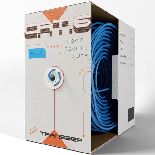 Transber, CAT6 1000ft Ethernet Cable Solid UTP Up to 10Gbps 550Mhz 23AWG 4x2 Pair Bulk Cable Network PoE++/4PPoE LAN Wire 1000-feet Easy Pull Box (Blue)