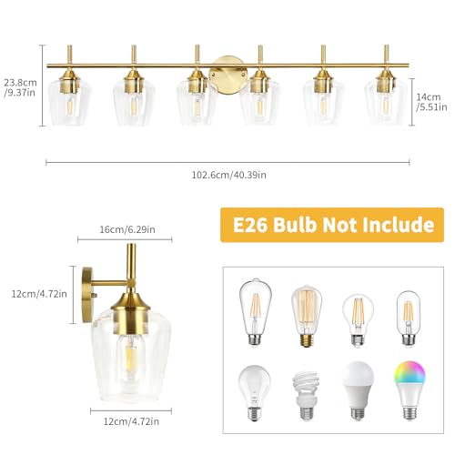 Image of foucasal Bathroom Vanity Light Fixtures, Bathroom 6-Lights Over Mirror Modern Vanity Lighting with Clear Wine Glass Shade Wall Lamp for Bedroom Hallway Living Room (Gold, 6-Light)