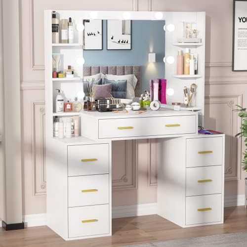 PakaLife Makeup Vanity with Lights, 43.3'' L Vanity Desk with 3 Lighting Colors & Power Outlet, 7 Drawers & Storage Shelves, White Vanity for Women Girls