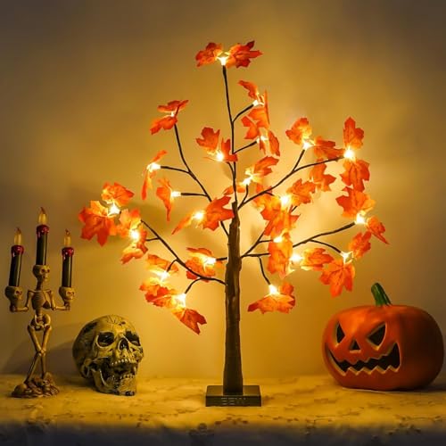 EEW 2FT Lighted Maple Tree, Artificial Tabletop Lamp with Timer, Warm White Pre-lit LED Fall Maple Tree USB/Battery Operated for Indoor Outdoor, Electric Lights for Christmas Tree