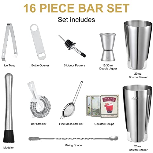 Perjoy Cocktail Shaker Set, 16 Piece Bartender Kit, Cocktail Shaker, Stainless Steel Bar Set Accessories, Coktail Set, Boston Shaker, Drink Mixer Shaker, Bartending Bar Tools With Muddler Spoon Jigger #TOP2