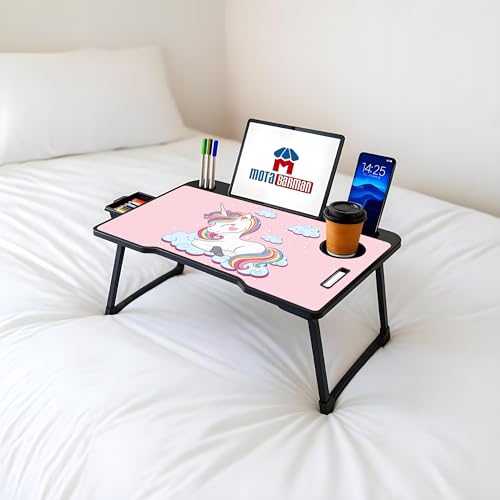 Image of Foldable Wooden Laptop Bed Tray Table, Multifunction Lap Tablet Desk with Cup Holder, for Eating Breakfast, Reading Book, Working, Watching Movie on Bed (Unicorn)