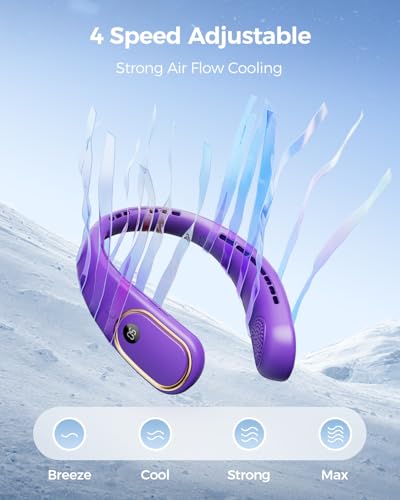 Portable Neck Fan – Neck Fans that Blow Cold Air Rechargeable with 5000mAh-Battery, 4 Speeds, Hands Free Wearable Cooling Personal Fan for Travel, Outdoor – Purple