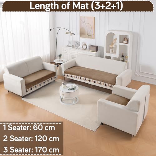 Image of HOKIPO 6 Seater Sofa Cover Mat with Tassel in 3+2+1 Configuration | Dyed Holland Velvet Fabric | 'TasselTone Series' | Warm Taupe (IN-1108+1106+1104-BRN)