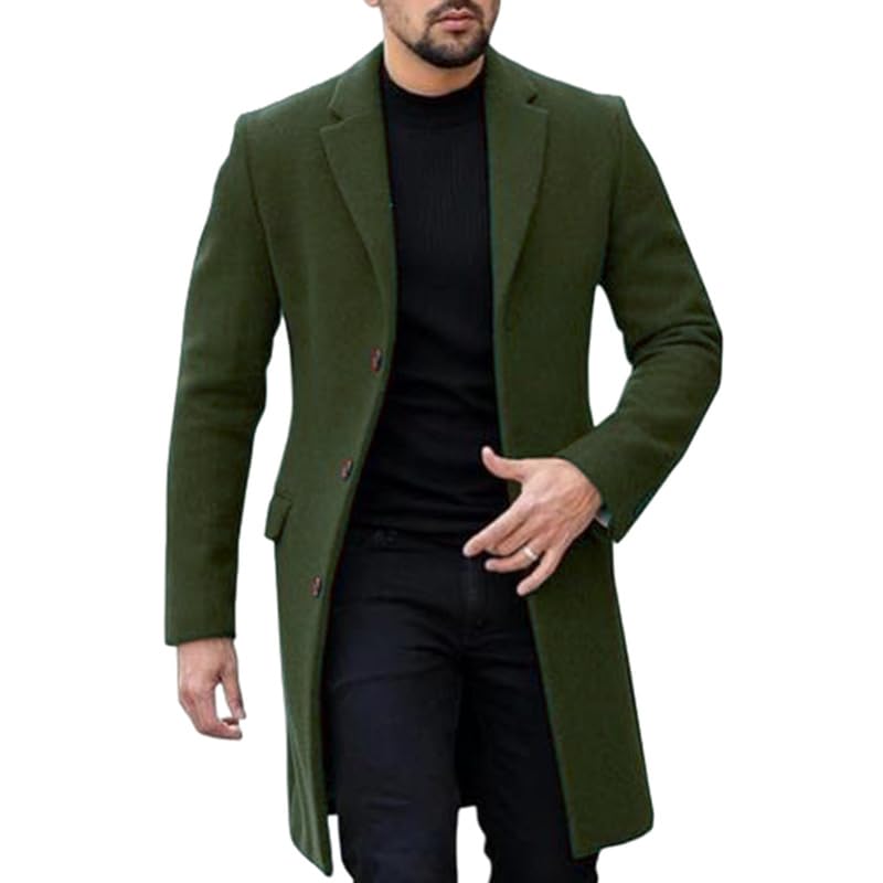Kenhansion Men's Single-Breasted Cardigan Tweed Coat Long Sleeve Jacket Business Fashion Notched Collar Overcoat Warm Coats, Green, 3X-Large