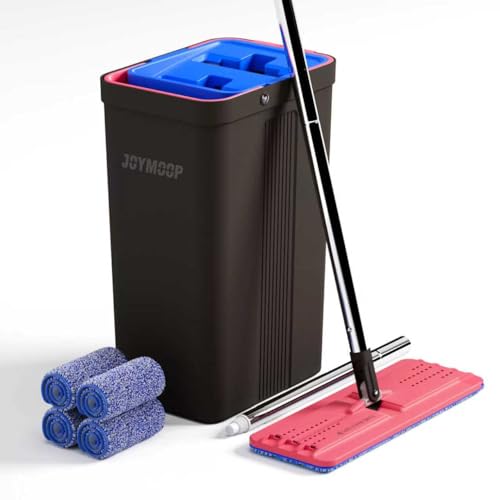 Image of JOYMOOP Mop and Bucket with Wringer Set, Hands Free Flat Floor Mop and Bucket, with 4 Washable Microfiber Pads, Wet and Dry Use, Floor Cleaning System - Black+Red+Slate Blue