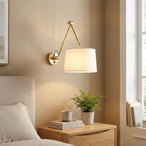 BARCELONA LED Applique Murale ELBOW avec Bras Double Articulé en Aluminium Doré et Abat-jour en Tissu Beige – Grande Lampe Murale Classique, Moderne et...